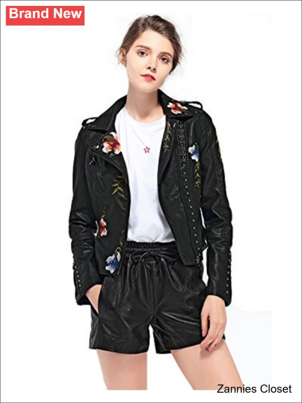 ✨LY VAREY LIN Women's Faux Leather Floral Embroidered Moto Jacket Coat